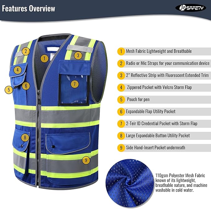 JKSafety 11 Pockets Hi-Vis Blue Mesh Safety Vest for Men Women High Visibility Reflective Construction with Zipper Work Utility PPE Work Gear ANSI/ISEA compliant (102-Blue 5XL)