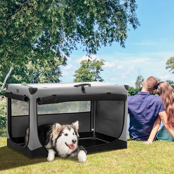 PETSFIT Travel Dog Crate, with Patented Adjustable Fabric Cover, Chewproof & Lockable Mesh Doors, Waterproof Base Soft Sided Kennel Grey 40 Inch