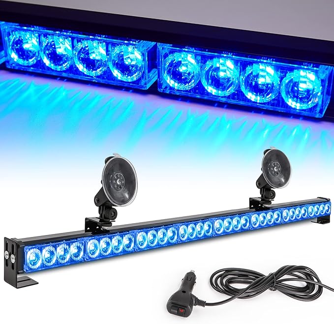 LE-JX Blue Emergency Strobe Light Bar 36in 13 Flash Patterns Traffic Advisor Warning Hazard Windshield Light Bar Safety Lights with Cigar Lighter for Police Vehicles, Cops Truck (35.5in, Blue 32 Led)