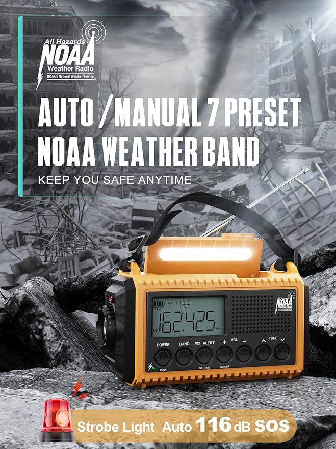 12000mAh/44400mWh Emergency Radio- NOAA Weather Alert Radio with Auto-Scan & SOS Alarm, Solar Hand Crank 6-Way Power, Flashlight, Reading Lamp for Outdoor, Hiking, Emergencies