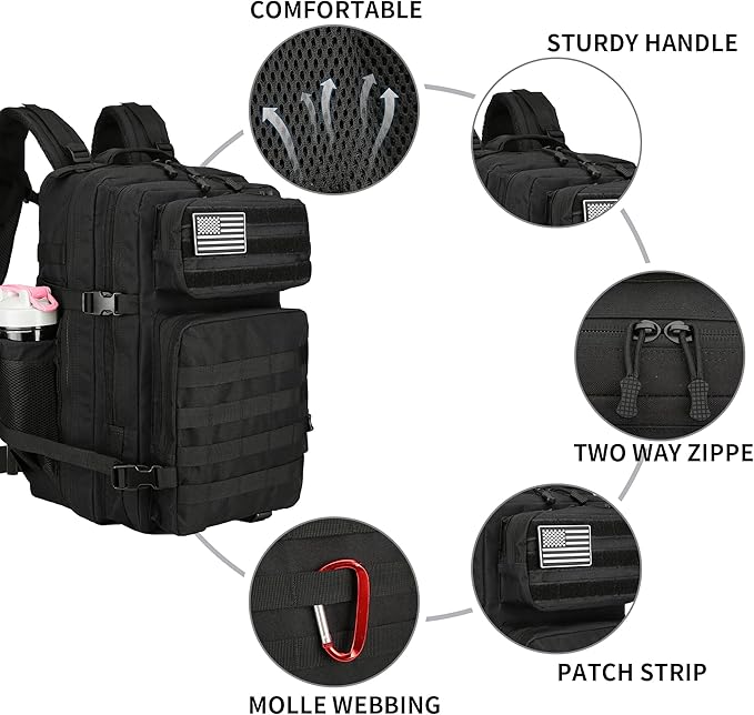 45L Tactical Assault Backpack 3 day assault pack with Molle Waterproof backpack Rucksack for Tactical Backpacks (Black-2)