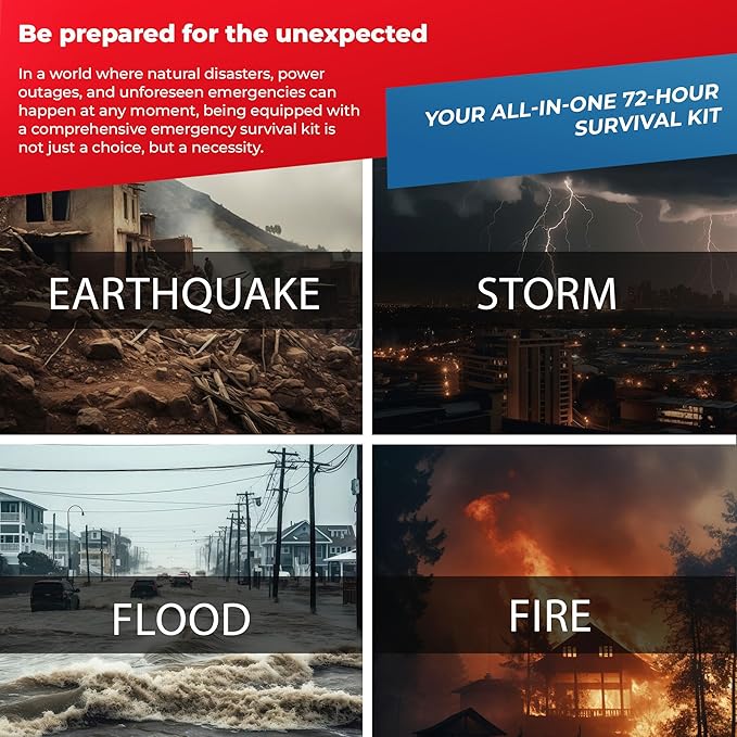 All-in-One 4 Person, LifeStraw Go, 72 Hour Bug Out Bag Emergency Survival Kit for Family. Be Prepared for Hurricanes, Floods, Tsunami, Other Disasters