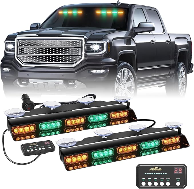 XRIDONSEN 2x 17 inch Amber Green Emergency Lights for Trucks Interior Front/Rear Windshield Dash Strobe Lights 40 LED Safety Flashing Warning Hazard Caution w/Controller for Construction Vehicles Car