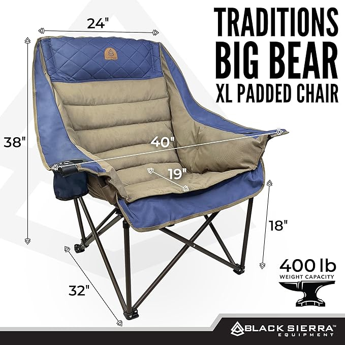 Black Sierra Deluxe Padded Camping Chair for Sports & Outdoors, Oversize XL Outdoor Folding Chair Supports 400 lbs, Heavy Duty Seat w/Dual Cup Holders/Carry Bag Perfect for RV, Tailgating, Glamping