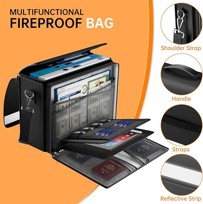 DocSafe Fireproof Document Bag with Multiple Pockets,5200°F Large (17”x12.5”x7.2”) File Organizer Fireproof Waterproof Bag Important Document Holder Home Office Portable Filing Storage for Valuables