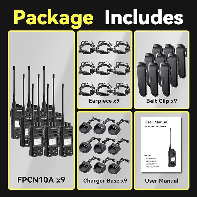SAMCOM Long Range Two Way Radios 3000mAh High Power 2 Way Radios Rechargeable, 2 Watts UHF Walkie Talkies for Adults with Earpiece, Group PTT Button Programmed Business Radios, 9 Pcs