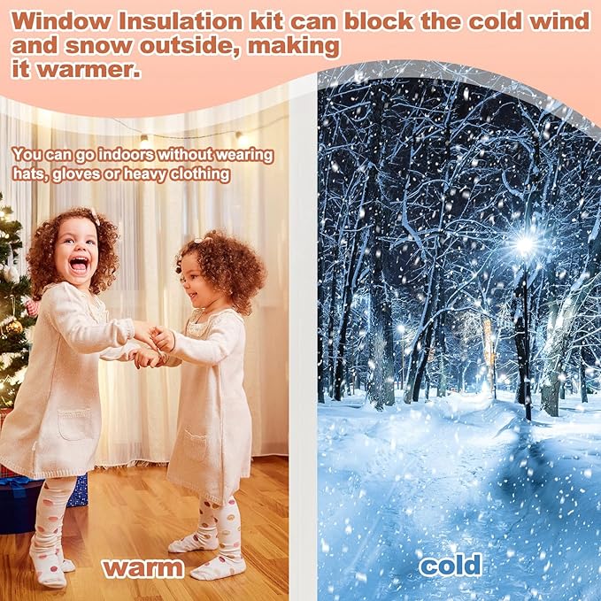 63 x 63 Inch Window Insulation Kit Cuttable Transparent Film with Adhesive Straps Reusable Window Plastic for Winterizing Thicken Thermal Waterproof Attic Insulation Cover Warm Winter