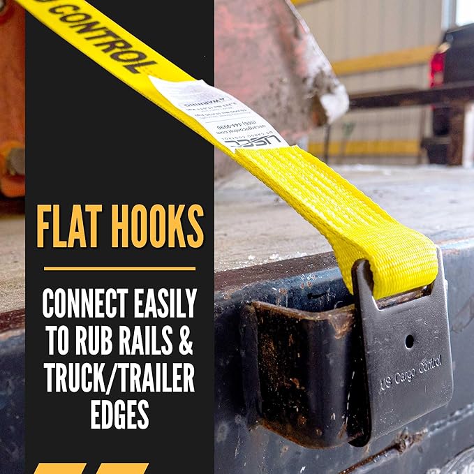 US Cargo Control Flat Hook Ratchet Straps 2 Inch x 12 Foot (4-Pack), Yellow 2 Inch Ratchet Straps Heavy Duty with Black Flat Hooks, 3,333 lbs. Working Load Limit, Tie Down Straps for Trailer, Truck