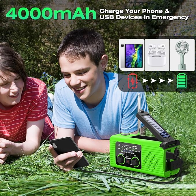 Radios for Emergency, Multifunction Solar Charger Hand Crank NOAA Weather AM/FM Radio 4000mAh with USB Charged, Reading Lamp, Flashlight, SOS Alarm, Headphone Jack for Camping Emergencies