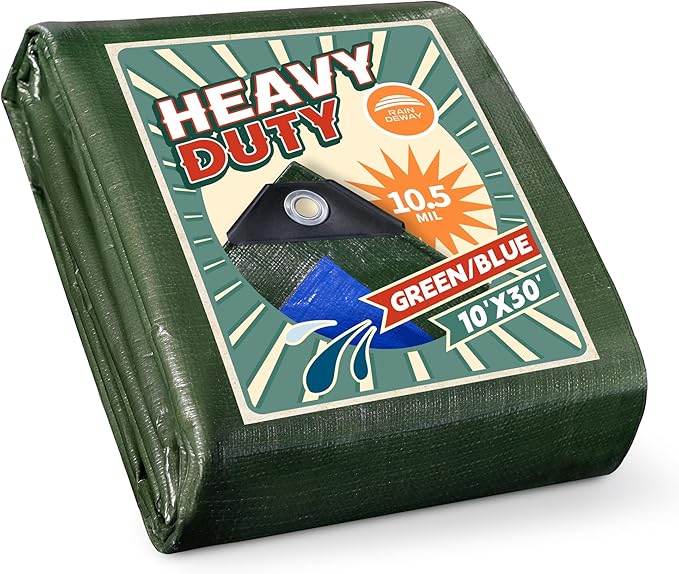 RAINDEWAY Tarps Heavy Duty Waterproof 10x30 Feet,10.5 Mil Waterproof Tarps for Outdoors,Multipurpose Poly Tarp Cover with Metal Grommets and Reinforced Edges,Green/Blue