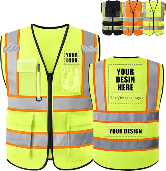 Custom Safety Vest with Logo, High Visibility Reflective Personalized Vest with Pockets and Zipper for Men Women Work