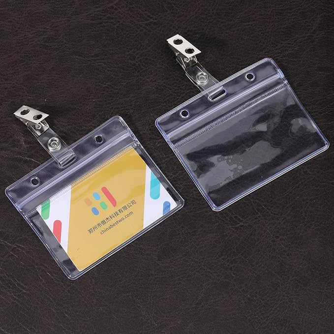 6Pack Horizontal Name Tag Holders and Metal Badge Clips ID Card Holder Clear PVC Name Holder Tags with Metal Badge Clips Straps