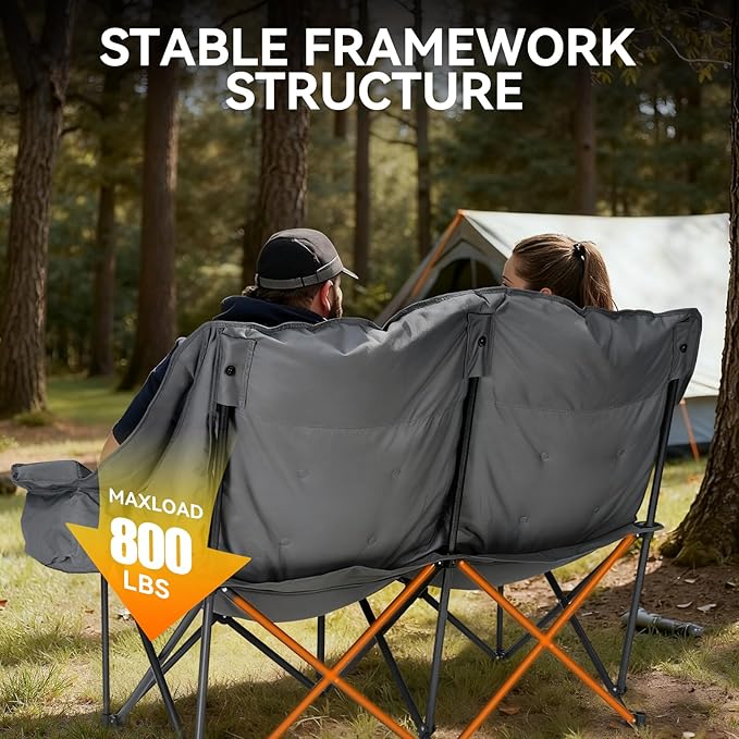 Padded Double Camping Chairs High Back Double Camp Chair Oversized Loveseat Camping Chair Support 800LBS Heavy Duty Camping Couch with Cup Holders, Cooler, Carry Bag, Grey