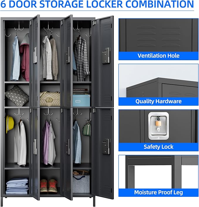 6 Doors Metal Lockers for Employees with Lock, Metal Locker with 18 Hooks for Office,Assembly Required,Dark Grey