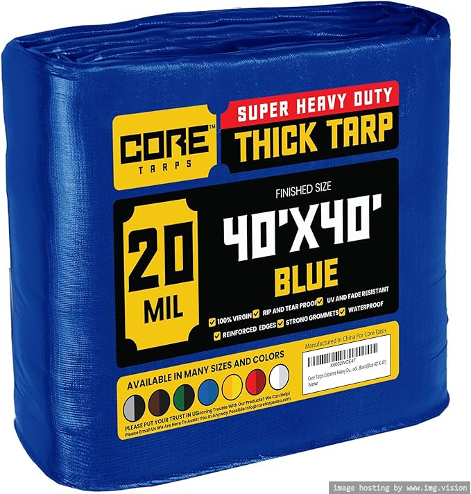 Core Tarps Extreme Heavy Duty 20 Mil Tarp Cover, Waterproof, UV Resistant, Rip and Tear Proof, Poly Tarpaulin with Reinforced Edges for Roof, Camping, Patio, Pool, Boat (Blue 40′ X 40′)