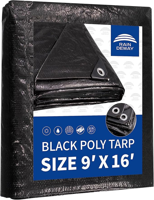 RAINDEWAY Black Tarp 9x16 Feet, UV Resistant, 8 Mil Multipurpose Medium Duty Waterproof Poly Tarp Cover with Metal Grommets and Reinforced Edges