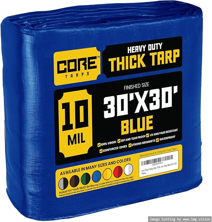 Core Tarps Heavy Duty 10 Mil Tarp Cover, Waterproof, UV Resistant, Rip and Tear Proof, Poly Tarpaulin with Reinforced Edges for Roof, Camping, Patio, Pool, Boat (Blue 30′ X 30′)