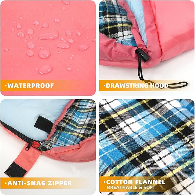 Cotton Flannel Lined Sleeping Bag for Adults Teens Kids, Cold Weather & Warm, 3 Seasons, Lightweight Compact Camping Essentials Equipment, Hiking, Outdoor, Travel