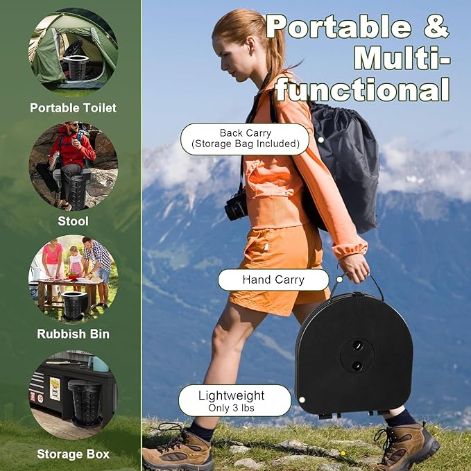 Collapsible Portable Toilet with Odor-Lock Lid - 1-Minute Setup Adjustable Height (2.95in-13.58in) 400lbs Capacity, Backpack-Friendly 3-in-1 Camp Potty for Camping, Hiking, Car, RV & Emergency Use