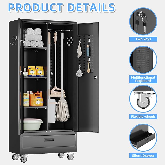 Broom Closet Storage Cabinet with Wheels and Drawer,Garage Storage Cabinet with Magnetic Doors,Pegboard and Adjustable Shelves for Garage Home Office,Required Assembly,Black