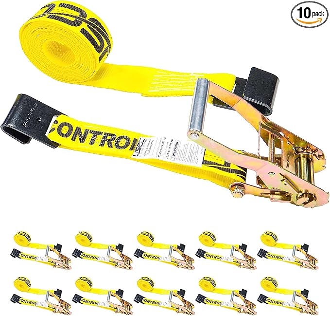 US Cargo Control 2 Inch Wide X 12 Foot Long Flat Hook Ratchet Strap, Yellow Dependable Strap for Securement, 3,333 Pound Working Load Limit, 10 Pack