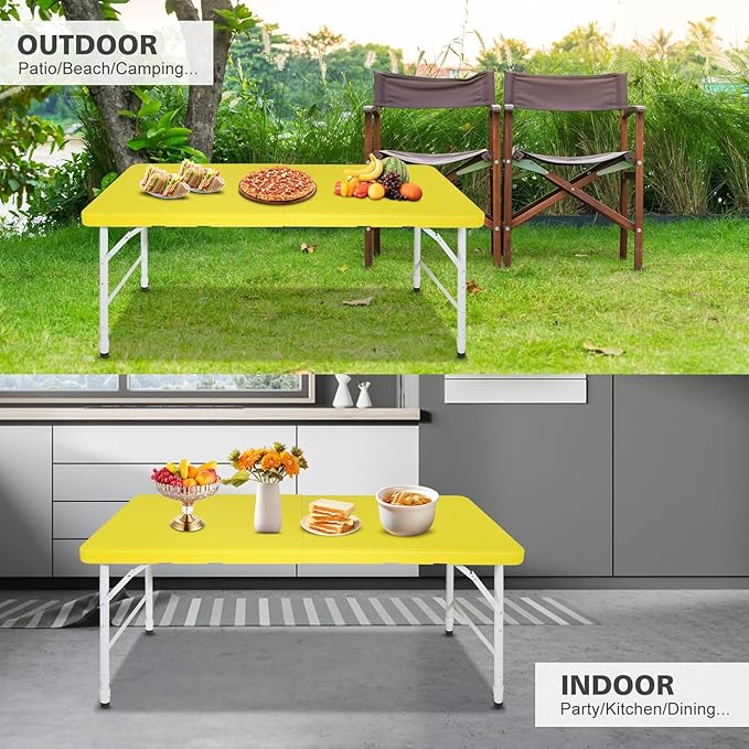 Portable 4Ft Adjustable Height Plastic Folding Table, Heavy Duty Fold-in-Half Table with Carrying Handle, Small Utility Foldable Table for Picnic Party Camping BBQ, Indoor/Outdoor (Yellow)