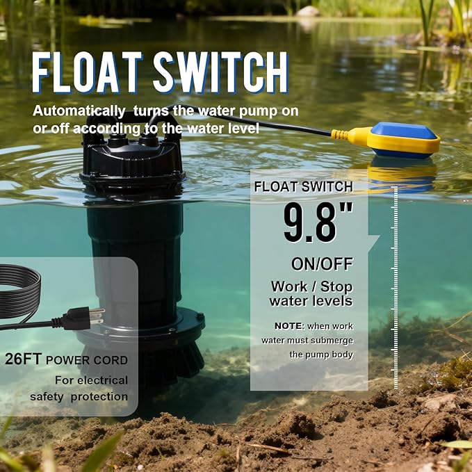 Weeflos 1.0HP Submersible Sump Pump, Automatic Water Pump w/ 4700 GPH High Flow, 18ft Max Head, for Dirty Water Removal, Flooded Basement, Swimming Pool Cover, Hot Tubs, Aluminum (1HP/28FT)