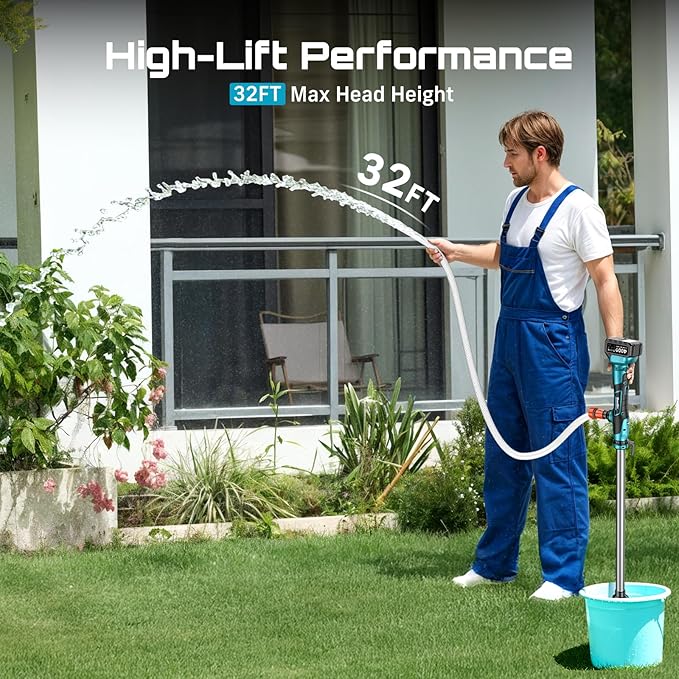 SEESII Cordless Stick Water Transfer Pump, with 4000mAh 21V Battery & Charger, 720GPH, 32FT Head, Handheld Portable Utility Sump Pump Kit with 3/4" Outlet for Pool/Garden/Pond/RV/Boat Draining