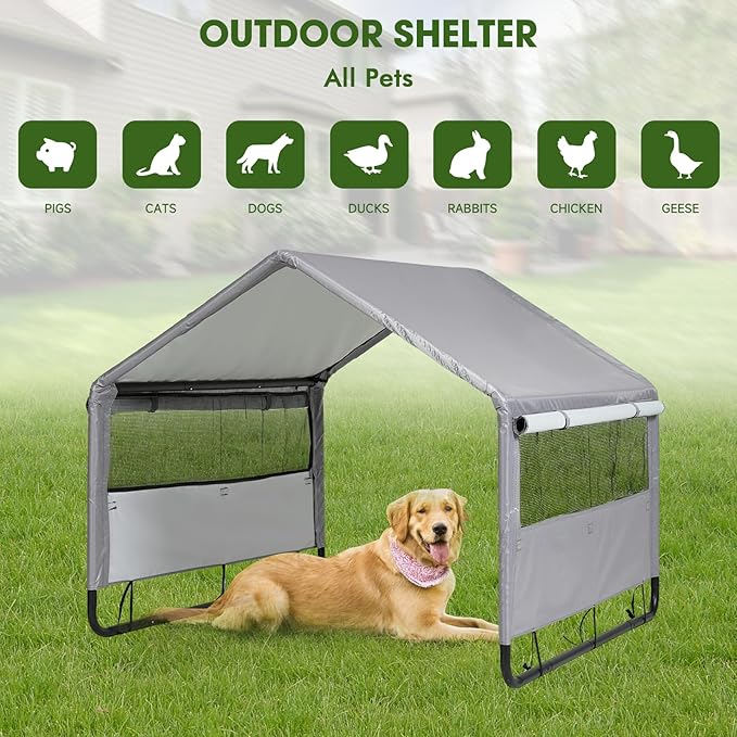 Large Dog House Shade Shelter Outdoor Tent for Large Medium Dogs, Outside Sun Rain Canopy Pet House for Homeless Cats Pigs Livestock with Rainproof Cover with Artificial Grapevine Leaves