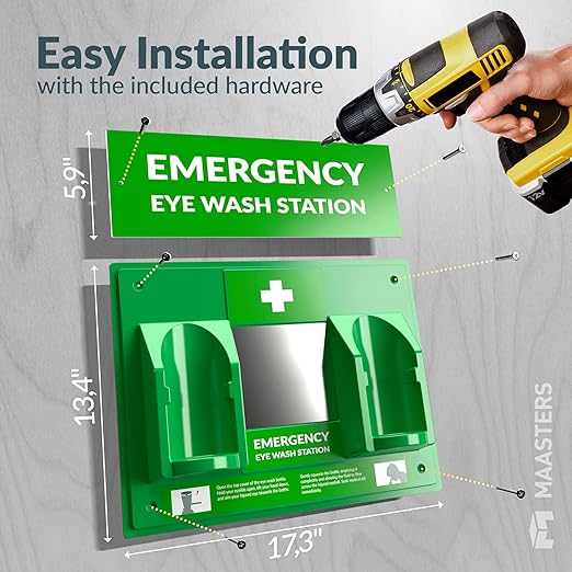 BPA Free Portable Eye Wash Station OSHA Compliant - Wall-Mounted First Aid Eye Wash Kit w/Mirror & 2X 16oz Empty Bottles - No Eyewash Solution Included - Emergency Eyewash - Set of 1