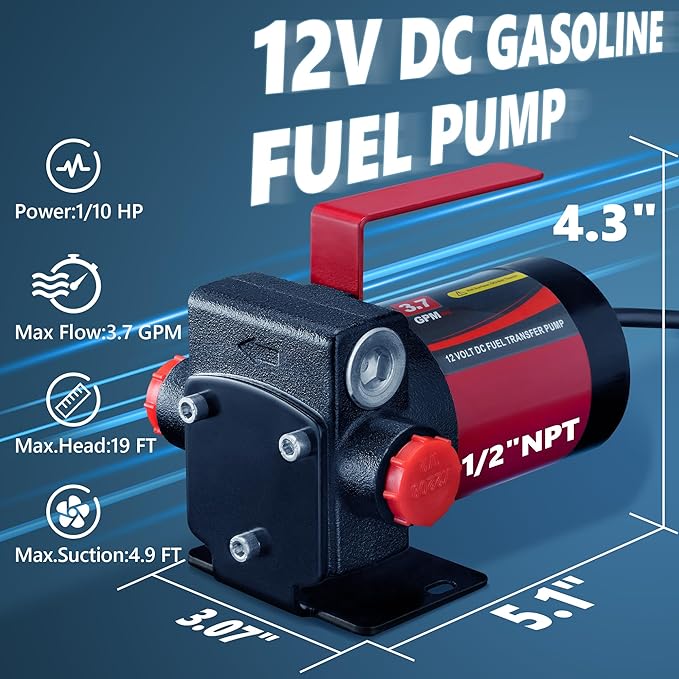 12V DC Gasoline Fuel Pump, Self-priming Fuel Transfer Pump, Reversible Pumping, Overheat Protection, Explosion-proof, Suitable for Gasoline, Diesel, Mineral Oil, Kerosene