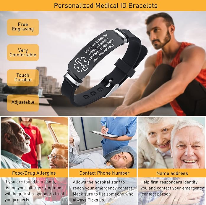 VNOX Medical Alert Bracelets for Men & Women Kids with Free Engraving Adjustable Stainless Steel Mesh Emergency Medical ID Bracelets Wristband