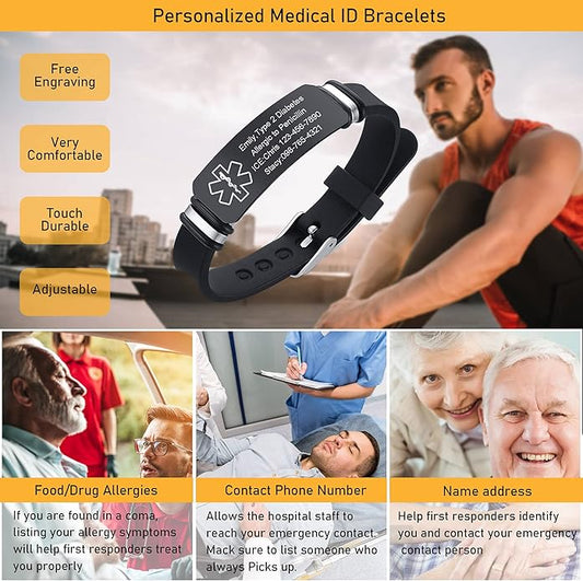 VNOX Medical Alert Bracelets for Men & Women Kids with Free Engraving Adjustable Stainless Steel Mesh Emergency Medical ID Bracelets Wristband