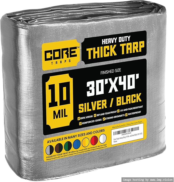 Core Tarps Heavy Duty 10 Mil Tarp Cover, Waterproof, UV Resistant, Rip and Tear Proof, Poly Tarpaulin with Reinforced Edges for Roof, Camping, Patio, Pool, Boat (Silver/Black 30′ X 40′)