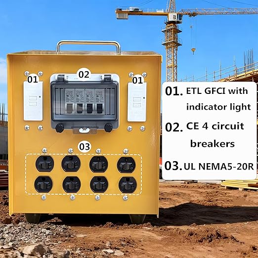Temporary Distribution Box, Equipped with a 30A L14-30P 125V/250V Outlet, Four MEMA-5-20R 120V GFCI Double outlets, Portable Power Center with Each Outlet Equipped with a 20A Circuit Breaker