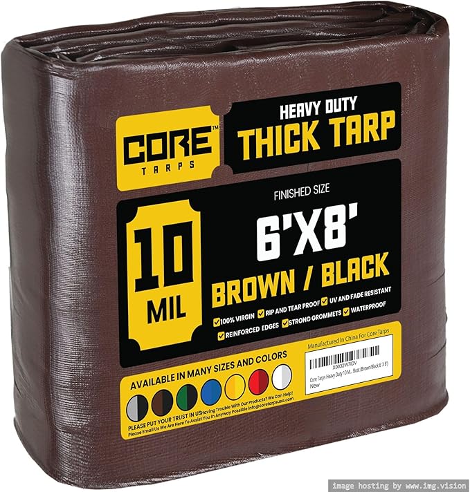 Core Tarps Heavy Duty 10 Mil Tarp Cover, Waterproof, UV Resistant, Rip and Tear Proof, Poly Tarpaulin with Reinforced Edges for Roof, Camping, Patio, Pool, Boat (Brown/Black 6′ X 8′)