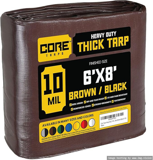 Core Tarps Heavy Duty 10 Mil Tarp Cover, Waterproof, UV Resistant, Rip and Tear Proof, Poly Tarpaulin with Reinforced Edges for Roof, Camping, Patio, Pool, Boat (Brown/Black 6′ X 8′)