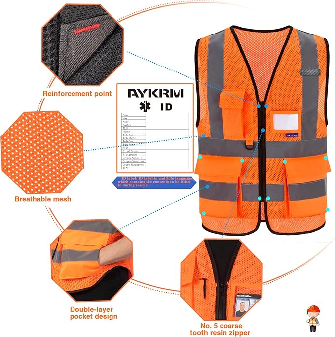 A-SAFETY High Visibility Mesh Safety Reflective Vest with Pockets and Zipper,Hi Vis Viz Reflective Safety Vest(Orange Mesh 4XL-5XL)