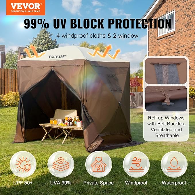 VEVOR Pop Up Gazebo Tent, Pop-Up Screen Tents 4 Sided Canopy Sun Shelter with 4 Removable Privacy Wind Cloths & Mesh Windows, 6x6FT Quick Set Screen Tent with Mosquito Netting, Brown