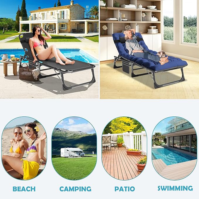 ABORON Patio Lounge Chair, Folding Guest Bed Cot for Adults, 500LB Heavy-Duty Capacity, Portable Extra Bed with Comfort Mat, Quick Fold Design for Indoor Guest Stays & Temporary Use