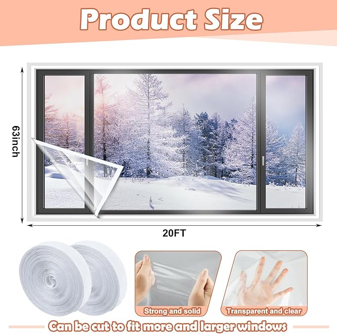 63 Inch X 20 ft Window Insulation Kit Cuttable Transparent Film with Adhesive Straps Reusable Window Plastic for Winterizing Thicken Thermal Waterproof Attic Insulation Cover Warm Winter