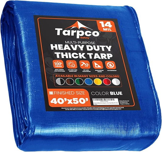 Tarpco Safety Extra Heavy Duty 14 Mil Tarp Cover, Waterproof, UV Resistant, Rip and Tear Proof, Poly Tarpaulin with Reinforced Edges for Roof, Camping, Patio, Pool, Boat (Blue 40′ X 50′)