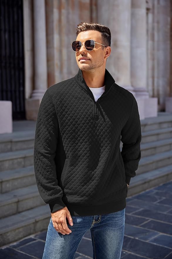 COOFANDY Mens Quarter Zip Pullover Quilted Sweatshirt Knit Long Sleeve Mock Neck Sweater Polo with Pocket