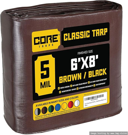 Core Tarps Classic 5 Mil Tarp Cover, Waterproof, UV Resistant, Rip and Tear Proof, Poly Tarpaulin with Reinforced Edges for Roof, Camping, Patio, Pool Cover, Boat (Brown/Black 6′ X 8′)
