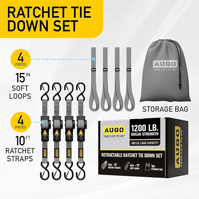 AUGO Retractable Ratchet Straps – 1" x 10' – 1200Lb Breakstrength – 4 Heavy Duty Self Retracting Tie Downs with Safety Lock S Hooks, Soft Loops & Storage Bag – for Motorcycle,Tree Stand,Bed,Boat,Cargo