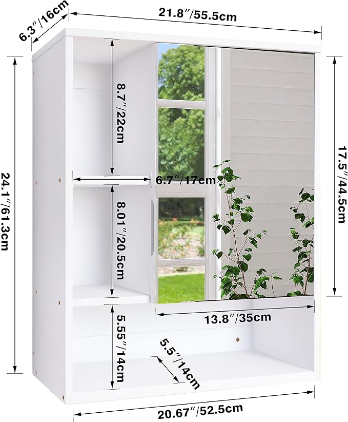 SMIBUY Bathroom Mirror Cabinet Wall Mounted, Bamboo Space Saver Medicine Cabinet, Wall Hanging Over Toilet Storage Cabinet with Mirror Door and Adjustable Shelf (White)