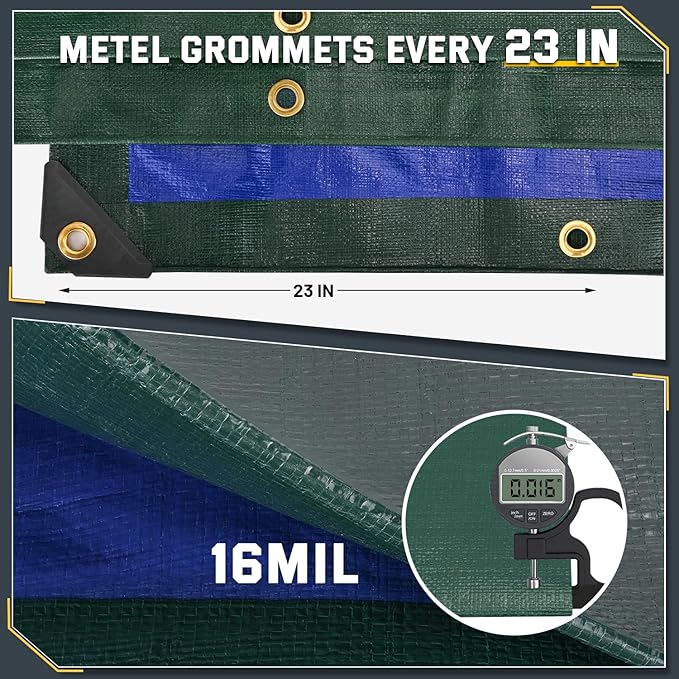 Kesfitt Tarp Heavy Duty Waterproof 20x30FT, 16 Mil Thick Tarps Tear&Fade Resistant,UV Resistant, Poly Tarp Cover with Grommets and Reinforced Edges for Outdoor Camping Pools Boat Car(Green/Blue)