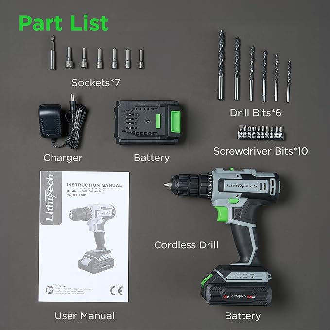 Cordless Drill Set, 20V Power Drill with Battery 2.0Ah and Charger, 2 Batteries, 3/8-Inch Keyless Chuck Electric drill, 18+1 Position, 2 Variable Speed, 380 In-lb Torque (Green)
