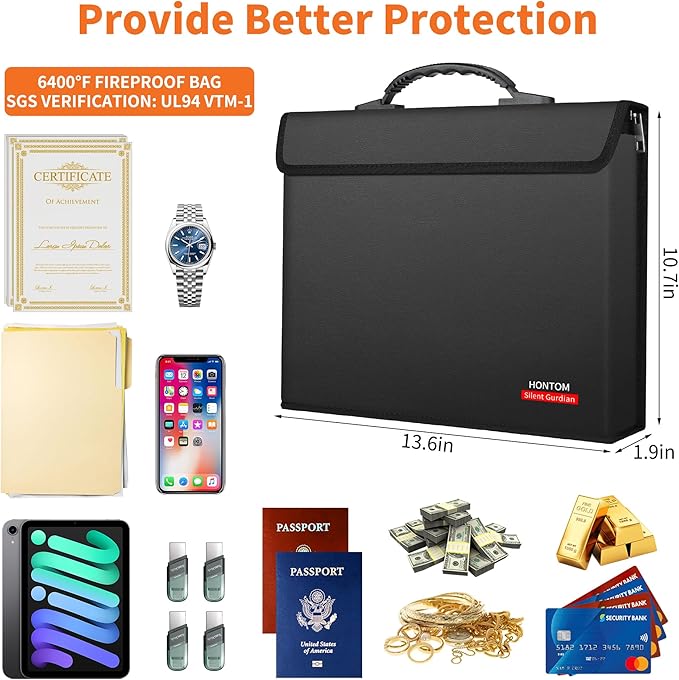Hontom Fireproof Document Bag with 2 Pockets, 6400℉ Upgraded Material Fireproof Money Bag with Lid, Travel Home Fire Safe Storage Cash Pouch for Important Documents