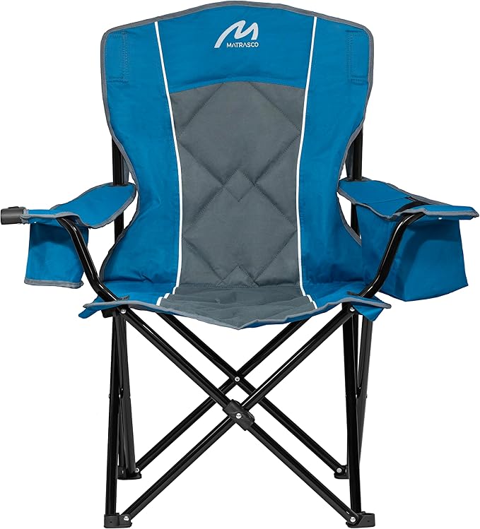 Oversized Padded Camping Chair, Heavy-Duty Steel Frame for 450 lbs Supports, Convenient 6-Can Cooler, Portable Carry Bag, Perfect for Outdoor, Beach, and Hiking (Blue & Gray)